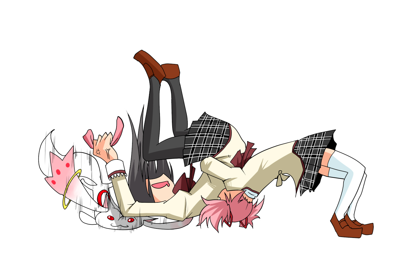 2girls, akemi_homura, black_hair, ganguri, kaname_madoka, kyuubee, mahou_shoujo_madoka_magica, pantyhose, pink_hair, school_uniform, thighhighs, twintails