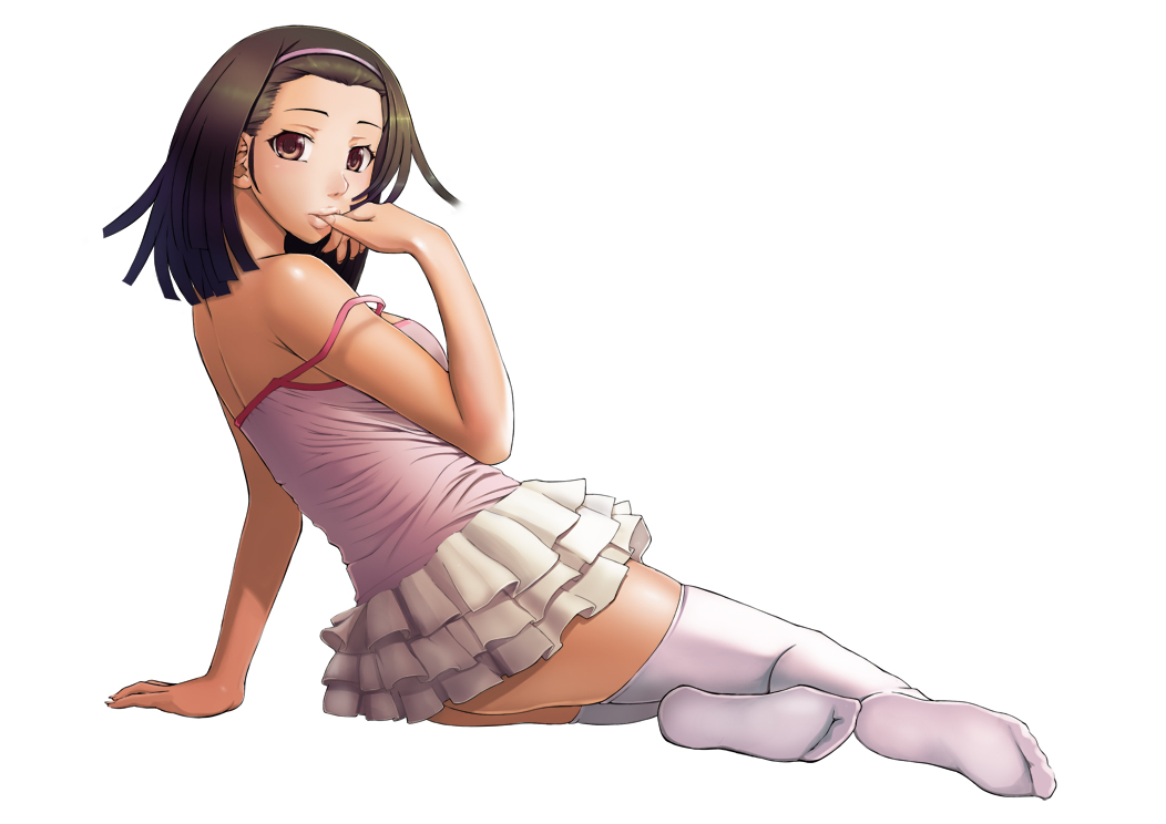 artarchanime, brown_eyes, brown_hair, monogatari_(series), nisemonogatari, sengoku_nadeko, skirt, thighhighs, white
