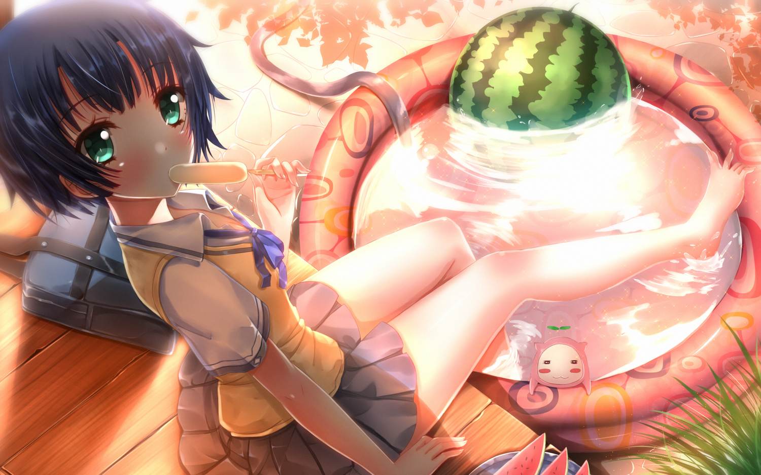 ano_natsu_de_matteru, barefoot, blue_hair, food, fruit, rinon_(ano_natsu_de_matteru), school_uniform, swordsouls, tanigawa_kanna, watermelon, wet