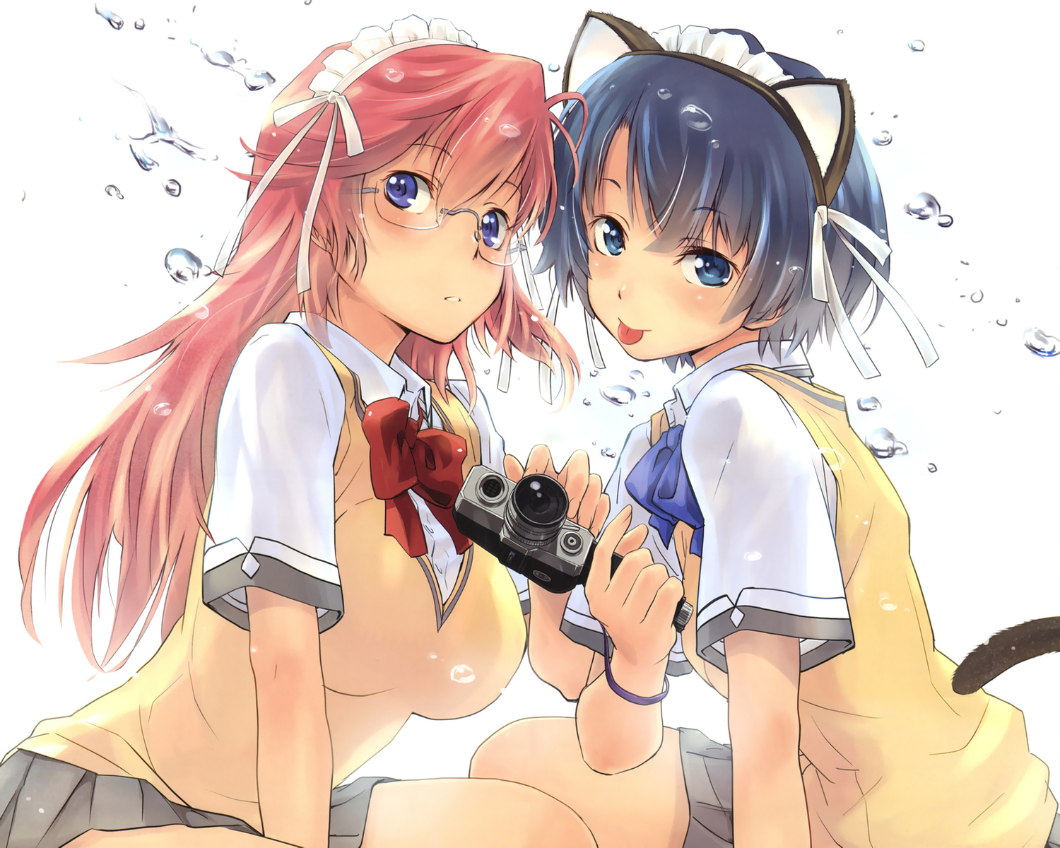 2girls, animal_ears, ano_natsu_de_matteru, catgirl, glasses, school_uniform, tail, takatsuki_ichika