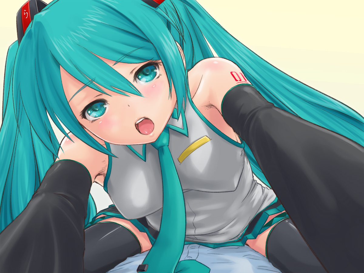 aqua_eyes, aqua_hair, hatsune_miku, rasukaru, thighhighs, tie, twintails, vocaloid