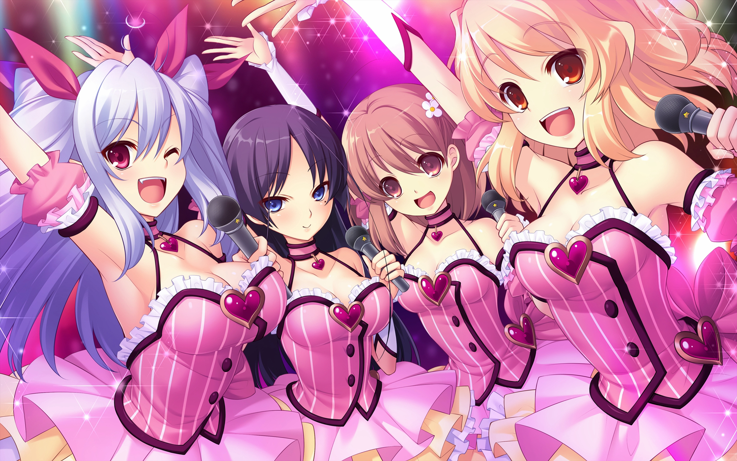 blue_eyes, breasts, cleavage, game_cg, group, microphone, prismatic_princess_union_stars