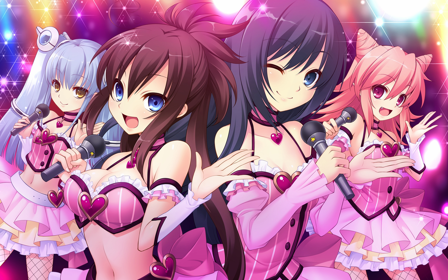blue_eyes, game_cg, group, microphone, navel, prismatic_princess_union_stars, wink