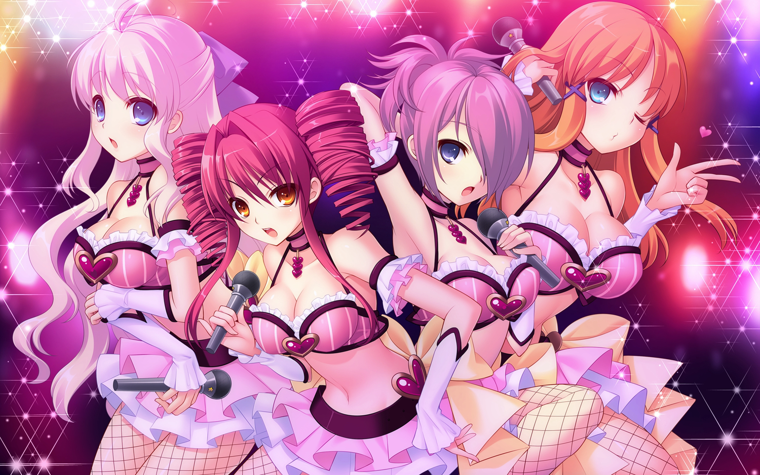 blue_eyes, breasts, cleavage, game_cg, group, microphone, prismatic_princess_union_stars, short_hair