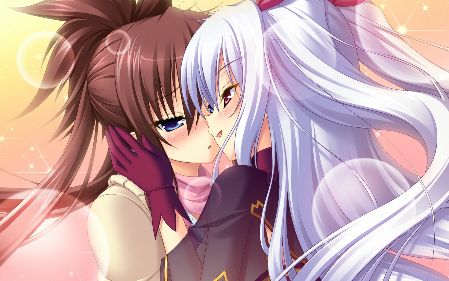2girls, blue_eyes, brown_hair, game_cg, gloves, prismatic_princess_union_stars, red_eyes, shoujo_ai