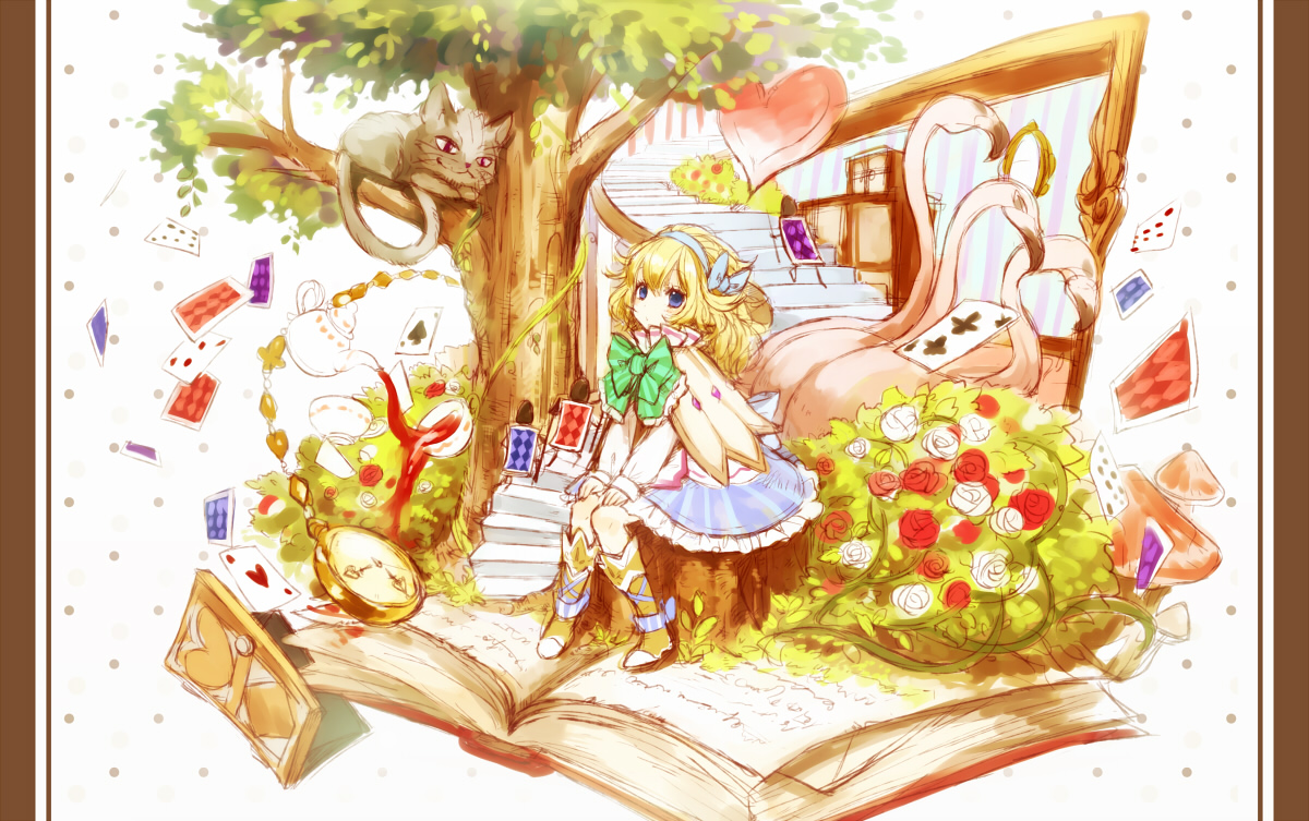 alice_(wonderland), alice_in_wonderland, animal, blonde_hair, boots, cat, dress, flowers
