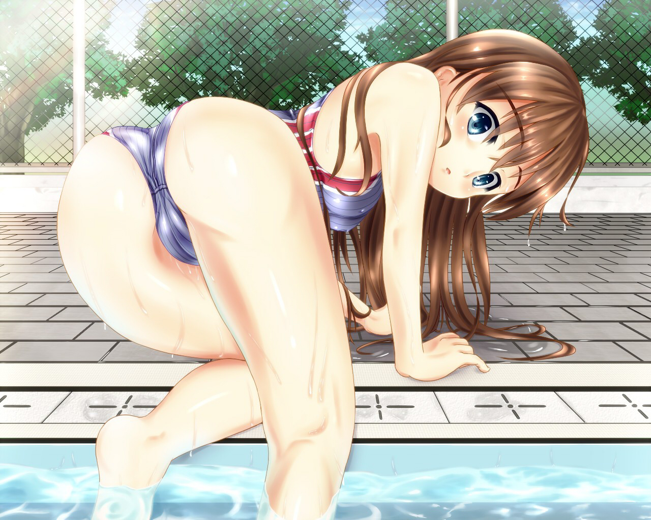 ass, brown_hair, cameltoe, original, swimsuit, toumin, wet