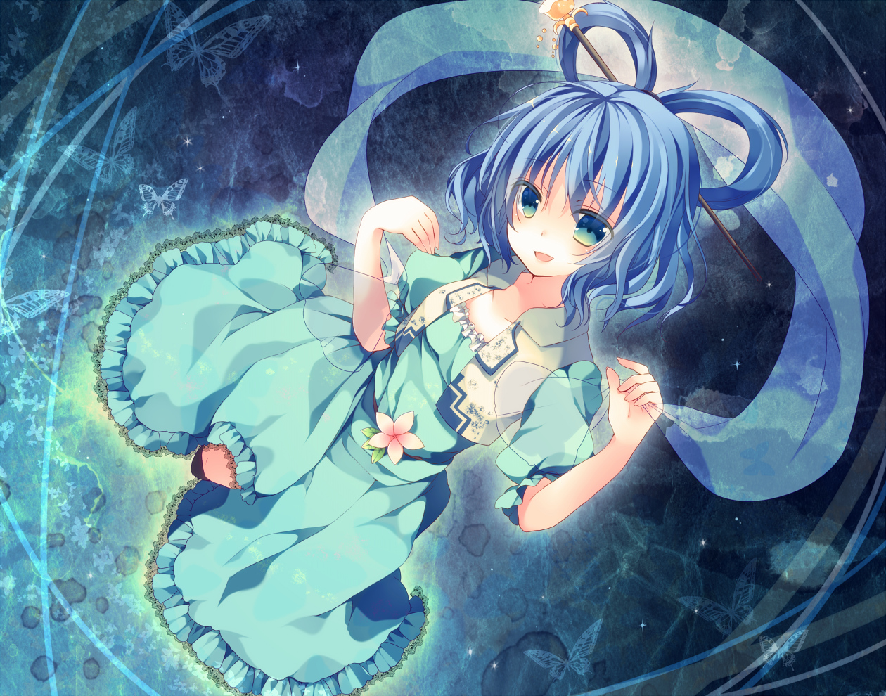 blue_hair, butterfly, dress, flowers, kaku_seiga, kisaragi_kiriha, touhou