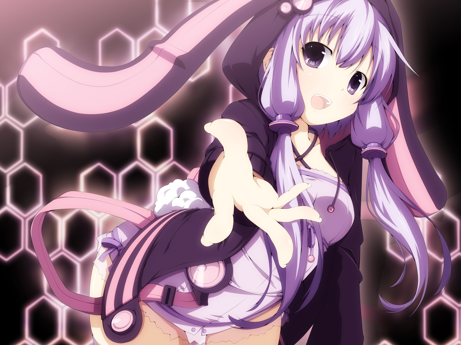 animal_ears, bunny_ears, bunnygirl, hood, purple_eyes, purple_hair, tail, twintails