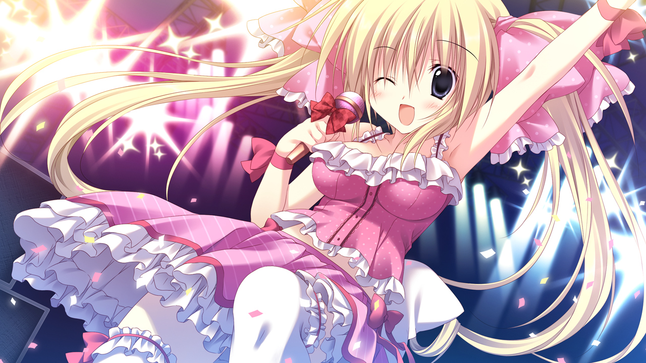 blonde_hair, gakuou, game_cg, korie_riko, lohenstein_annemarie, microphone, twintails, wink