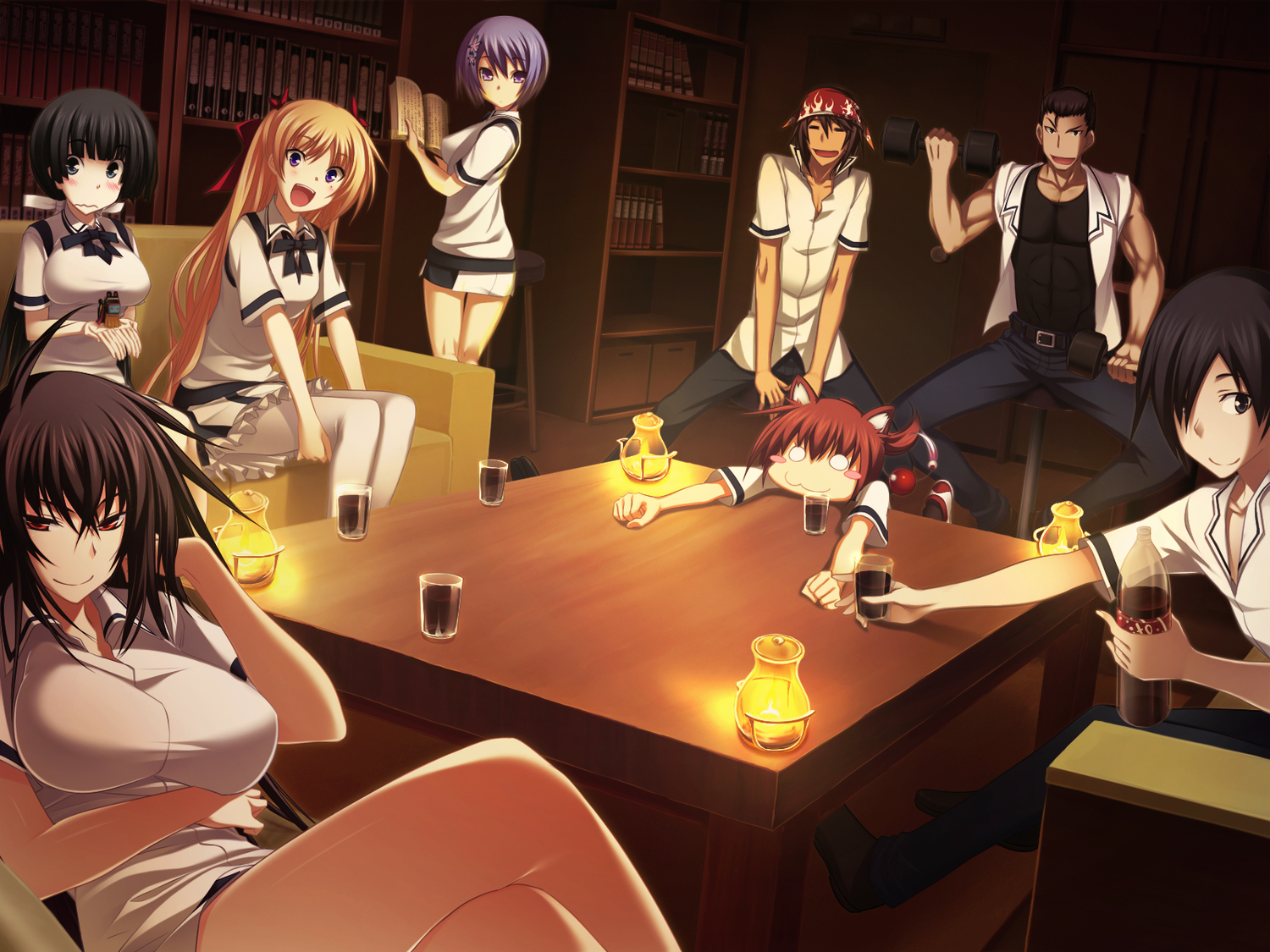 animal_ears, black_eyes, black_hair, blonde_hair, blue_eyes, book, brown_hair, cat_smile, christiane_friedrich, drink, game_cg, group, headband, kawagishi_keitarou, kawakami_kazuko, kawakami_momoyo, kazama_shouichi, long_hair, maji_de_watashi_ni_koi_shinasai!, mayuzumi_yukie, minato_soft, morooka_takuya, pantyhose, purple_eyes, purple_hair, red_eyes, school_uniform, shiina_miyako, shimazu_gakuto, short_hair, skirt