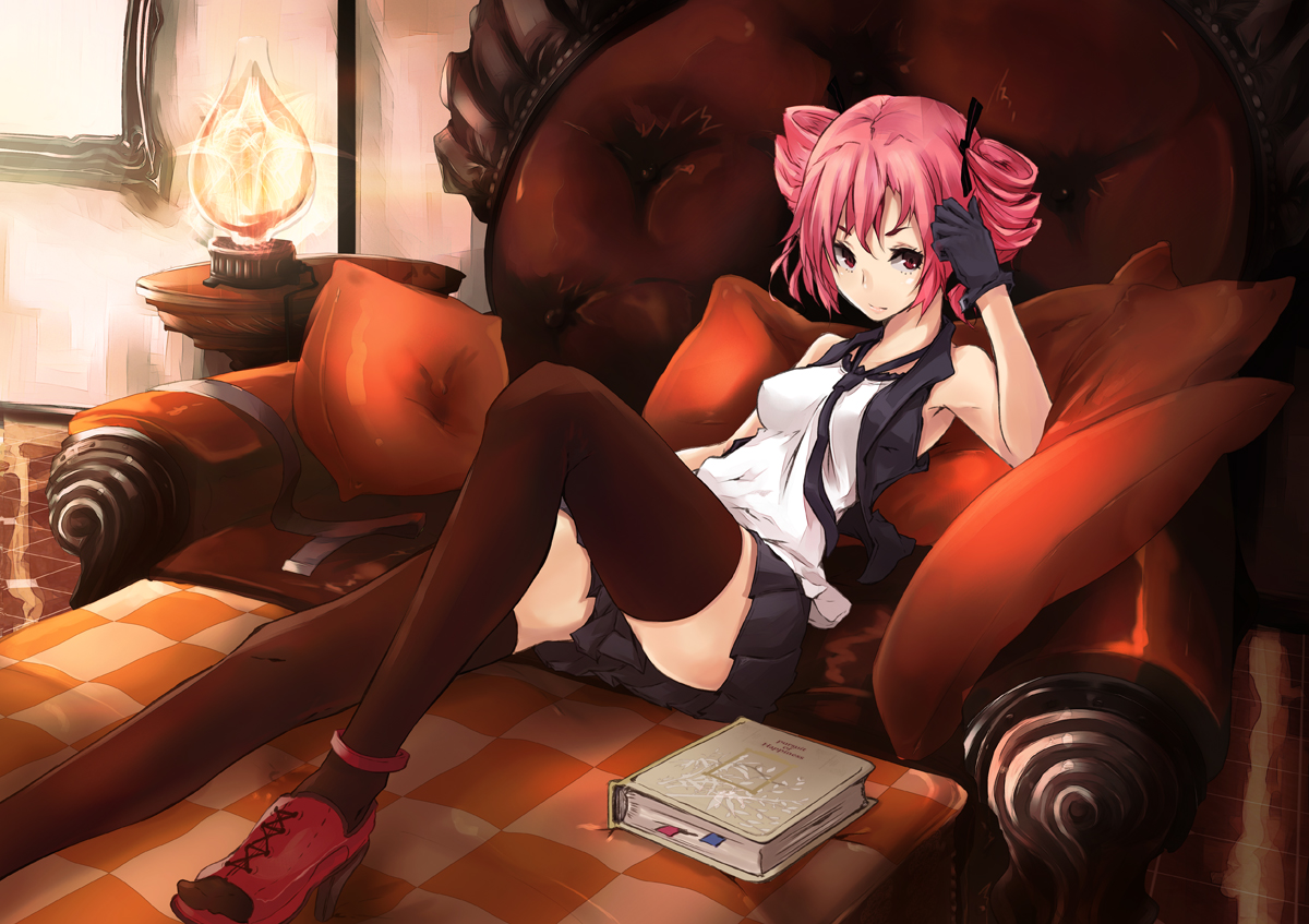 book, gloves, kasane_teto, mirre, pink_hair, red_eyes, skirt, tagme, thighhighs, tie, twintails, utau