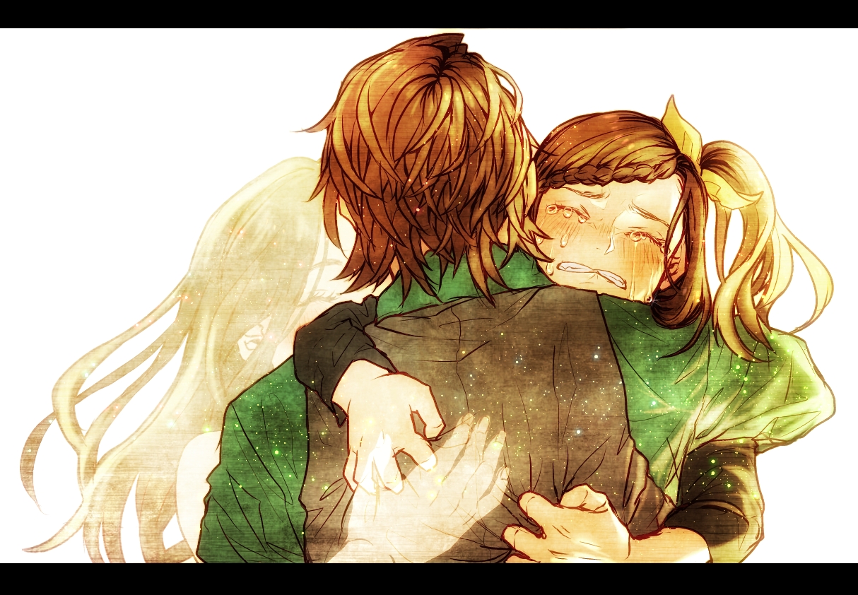 braids, brown_hair, hug, kaburagi_kaede, kaburagi_t_kotetsu, long_hair, tears, tiger_&_bunny, tsubakiya