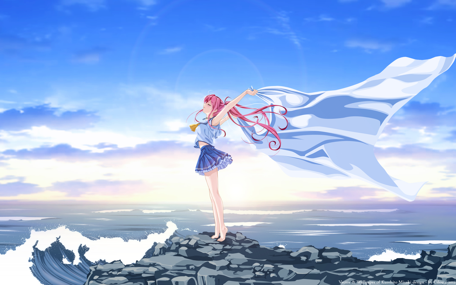 barefoot, clouds, deep_blue_sky_&_pure_white_wings, misaki_kurehito, miyamae_tomoka, pink_hair, ponytail, scenic