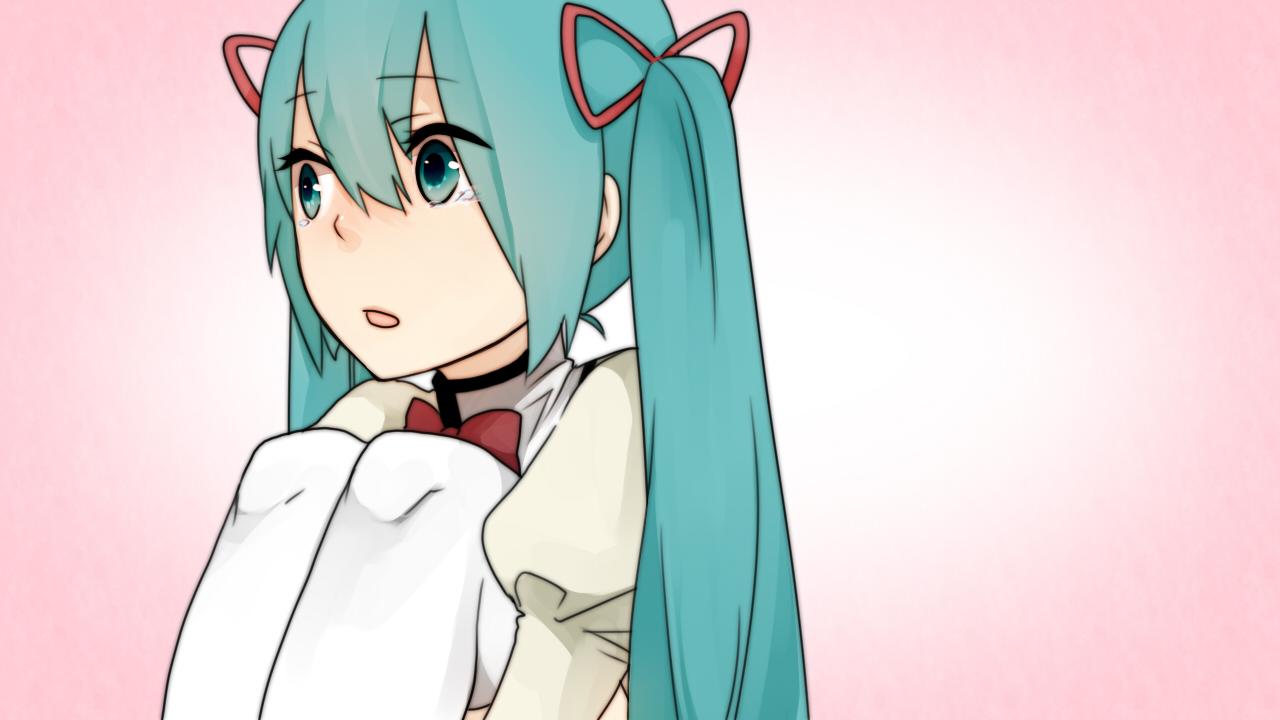 aqua_eyes, aqua_hair, bow, cosplay, hatsune_miku, kono_negai_eien_ni_(vocaloid), koyubi, long_hair, mahou_shoujo_madoka_magica, pink, ribbons, tears, thighhighs, twintails, vocaloid