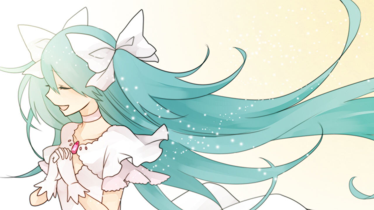 aqua_hair, bow, cosplay, gloves, hatsune_miku, kono_negai_eien_ni_(vocaloid), koyubi, long_hair, mahou_shoujo_madoka_magica, twintails, vocaloid, wedding_attire, white