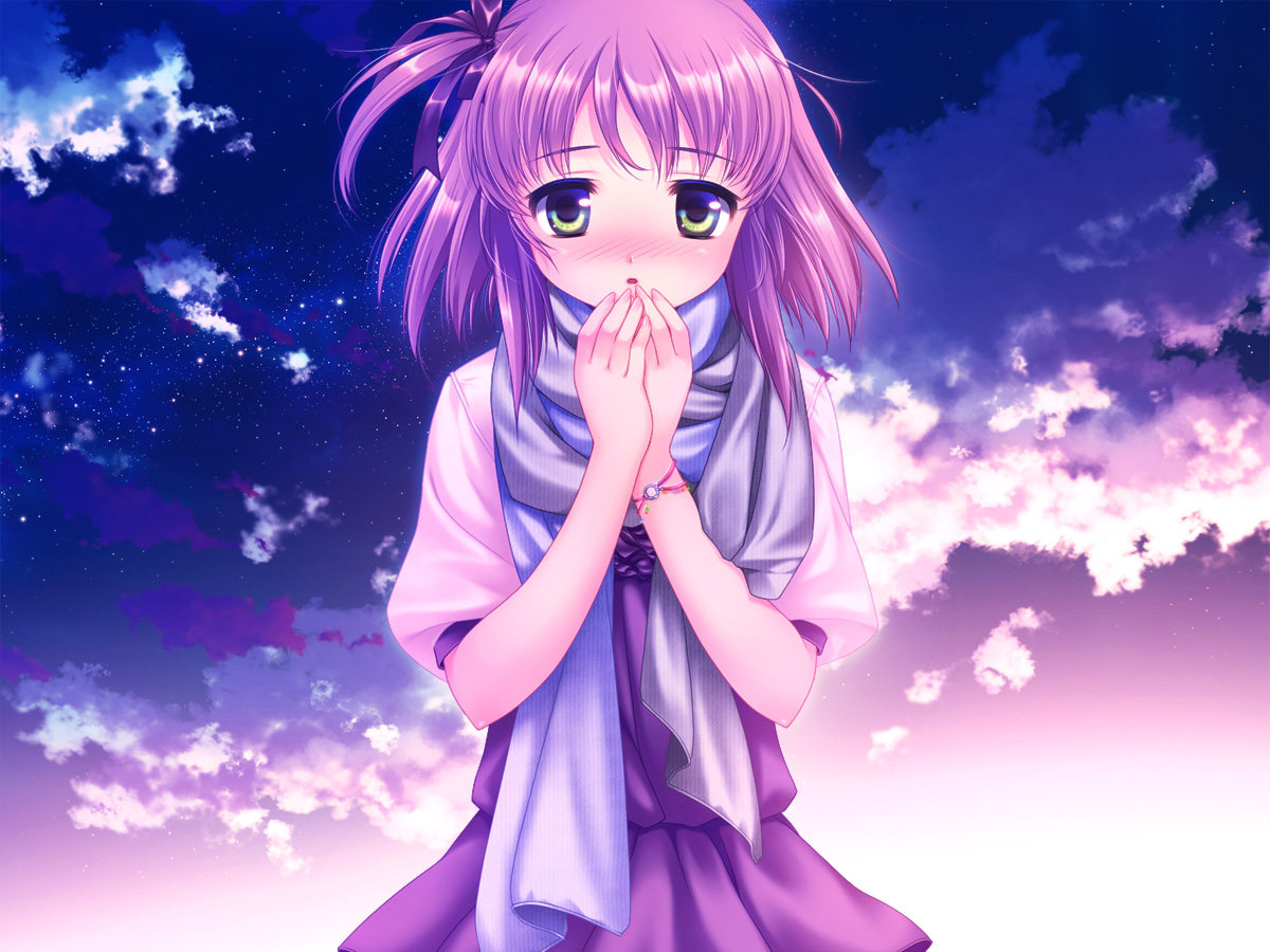 clouds, dress, green_eyes, original, pink_hair, ribbons, scarf, short_hair