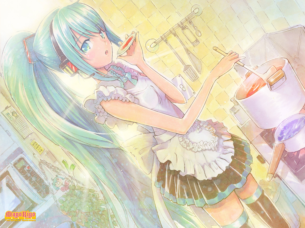 apron, aqua_eyes, aqua_hair, food, hachune_miku, hatsune_miku, headphones, leek, long_hair, mayo_riyo, ponytail, skirt, thighhighs, tie, vocaloid, zettai_ryouiki