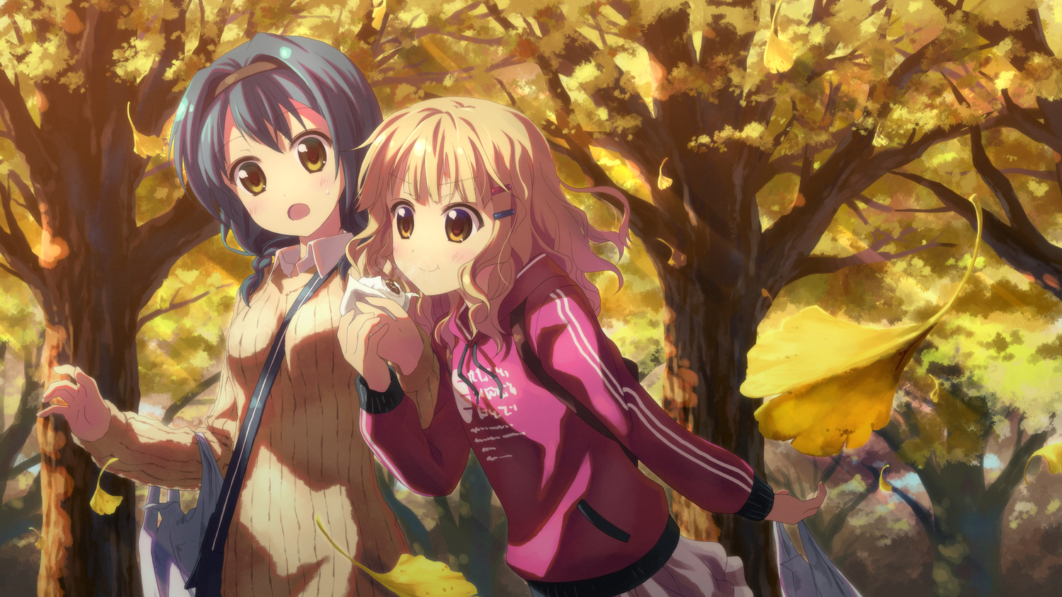 2girls, autumn, blonde_hair, blue_hair, food, furutani_himawari, headband, leaves, oomuro_sakurako, tree, yellow_eyes, yuru_yuri, yuuki_tatsuya