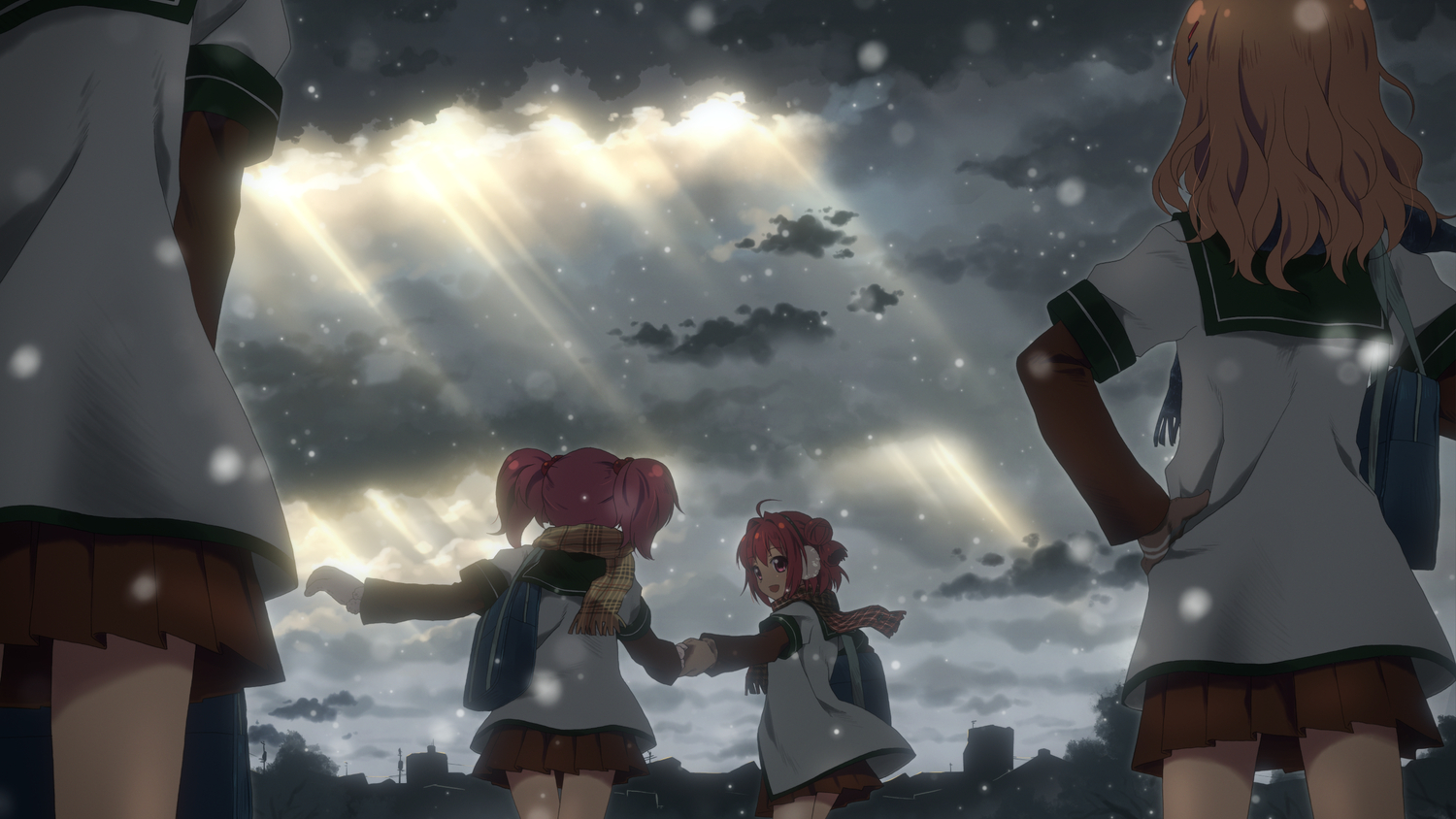 akaza_akari, blonde_hair, building, clouds, furutani_himawari, group, long_hair, oomuro_sakurako, pink_hair, red_eyes, red_hair, scarf, school_uniform, short_hair, skirt, sky, snow, toshinou_kyouko, tree, twintails, yoshikawa_chinatsu, yuru_yuri, yuuki_tatsuya