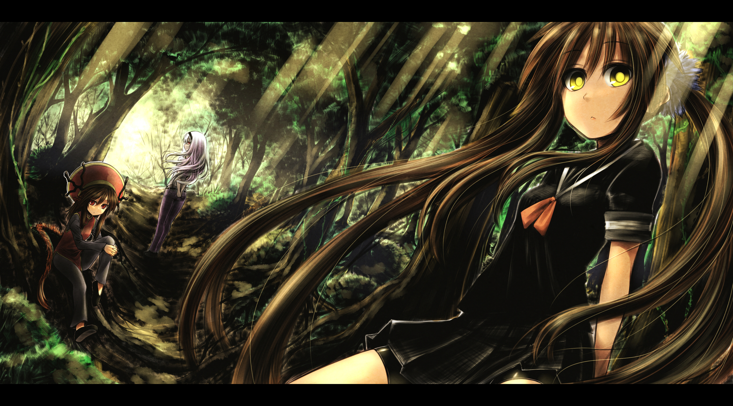 chankodining_waka, forest, original, school_uniform, tree, twintails