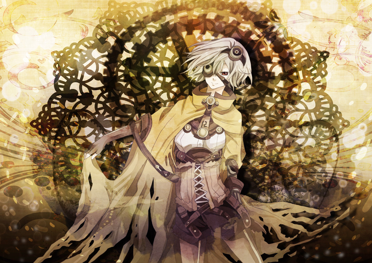 eyepatch, gloves, gray_hair, hatsune_miku, kagaribito_(vocaloid), miku_append, original, red_eyes