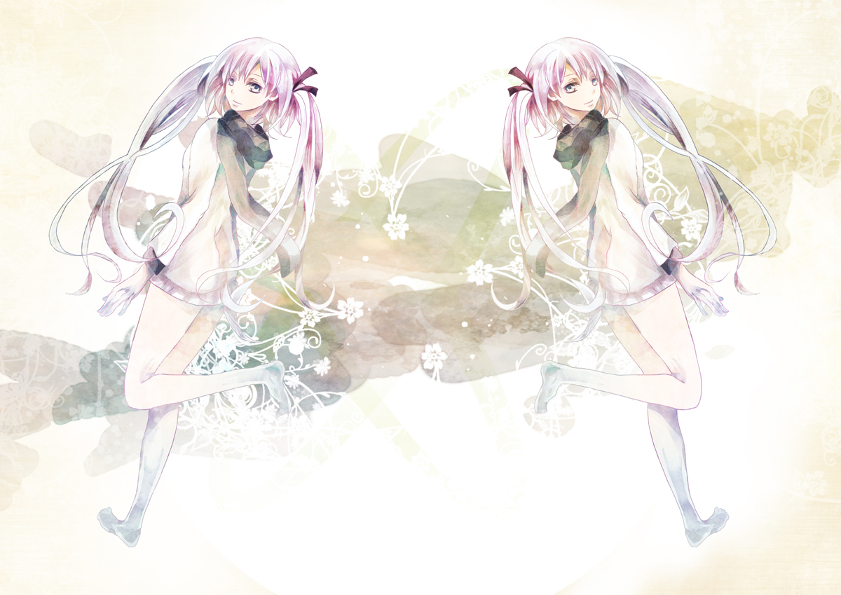 barefoot, hatsune_miku, long_hair, rio_(e2759), scarf, twins, twintails, vocaloid