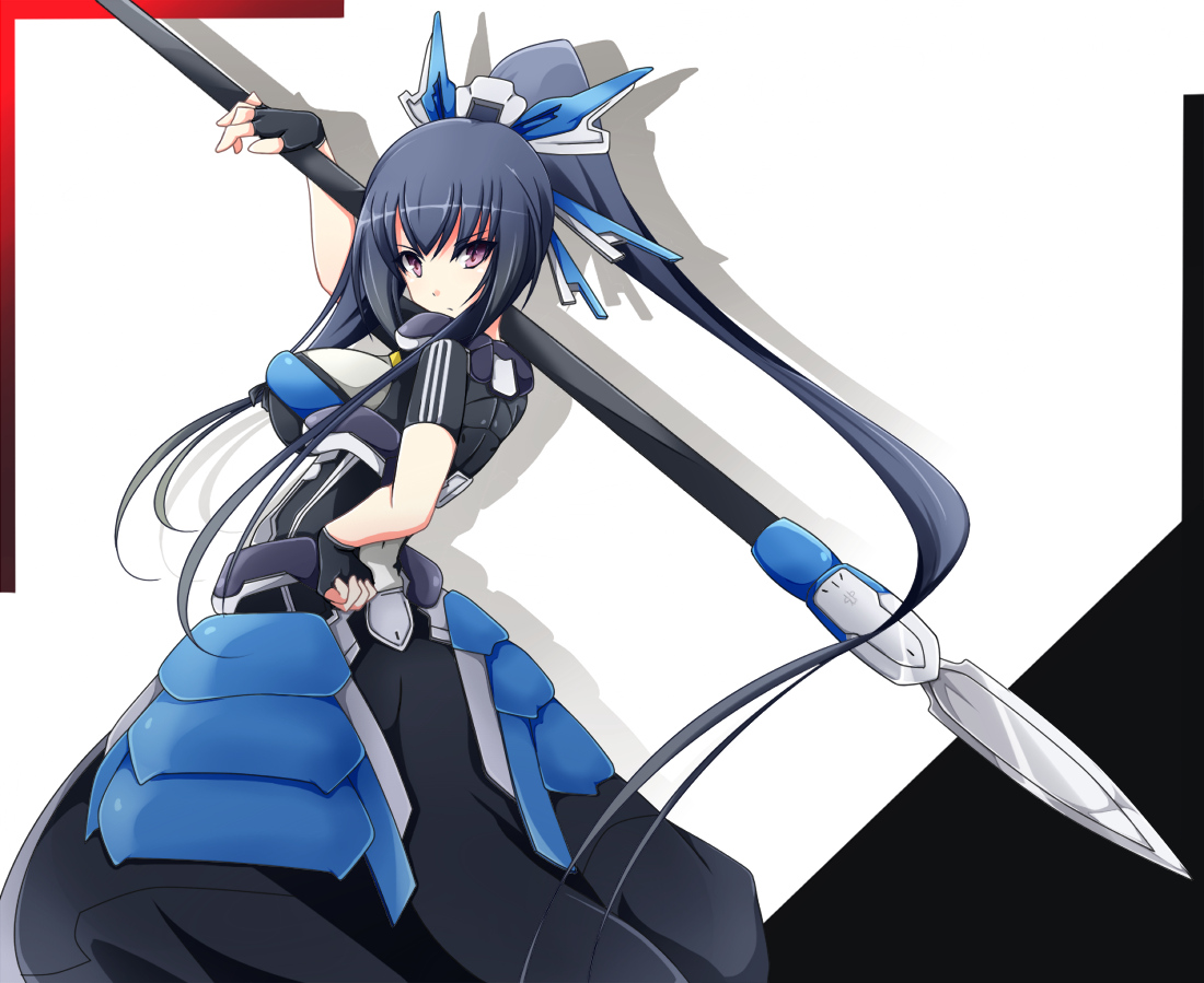 black_hair, honda_futayo, kyoukai_senjou_no_horizon, kyuchan, long_hair, ponytail, purple_eyes, spear, weapon