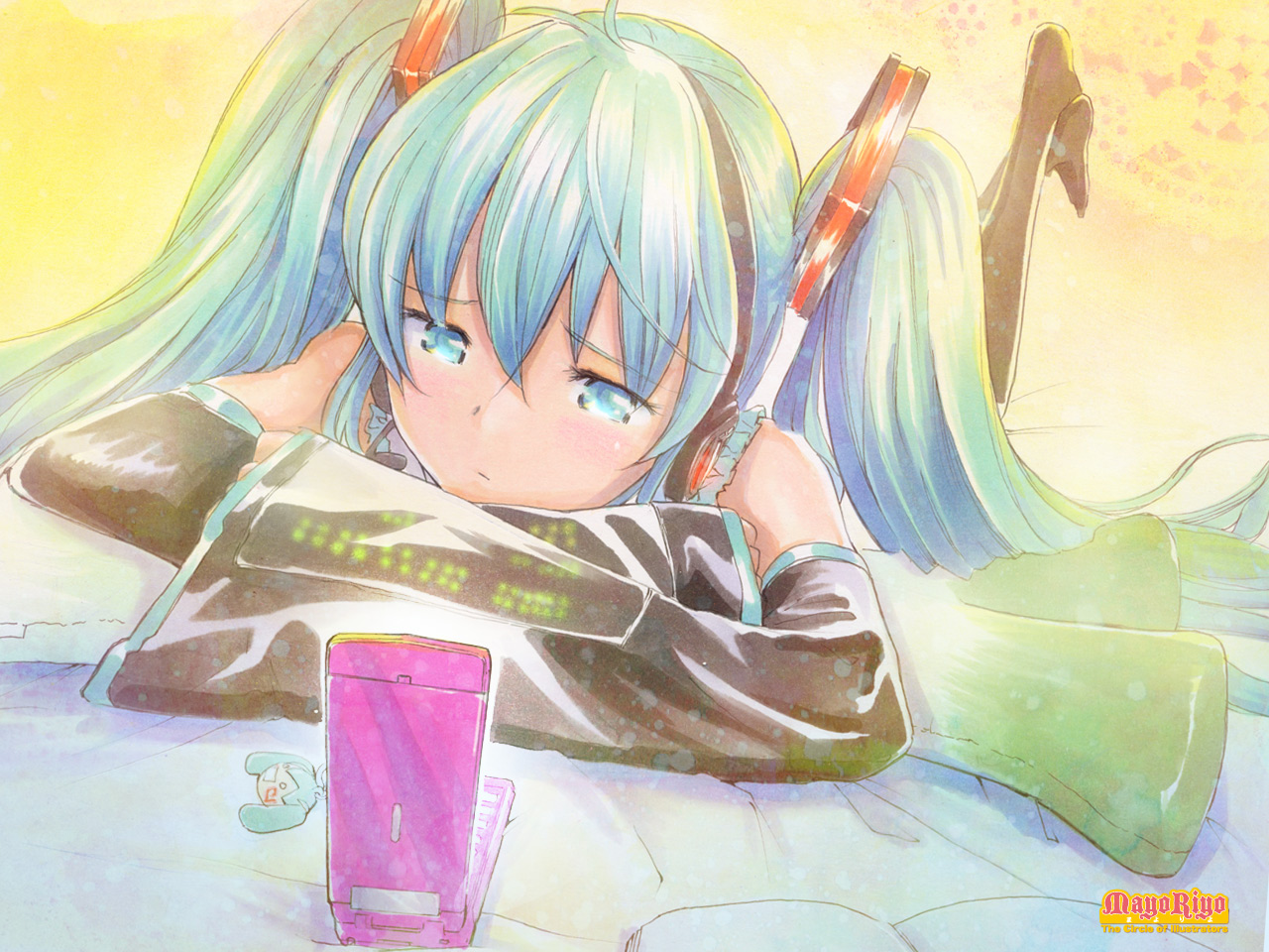aqua_eyes, aqua_hair, bed, hachune_miku, hatsune_miku, headphones, long_hair, mayo_riyo