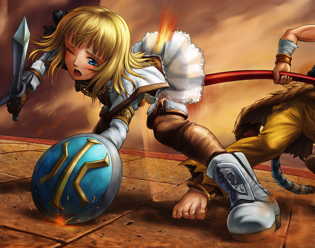 blonde_hair, pyrrha_alexandra, soul_calibur, sword, tail, weapon