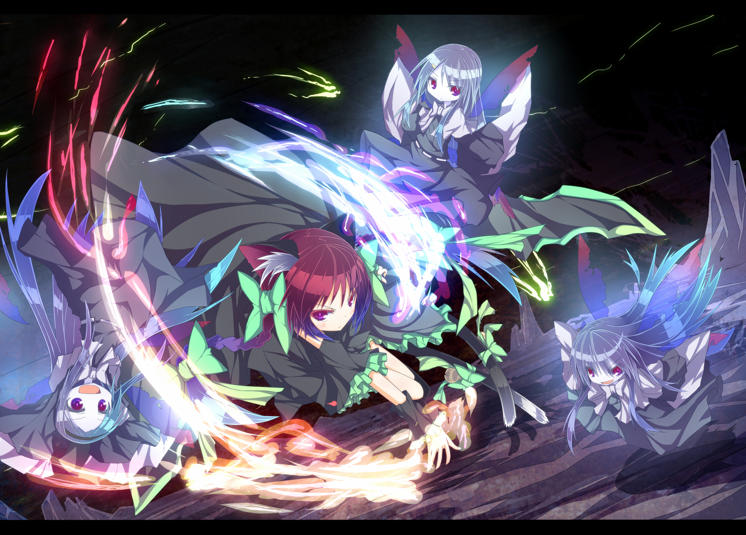 animal_ears, catgirl, dress, group, ichiyan, kaenbyou_rin, purple_eyes, tail