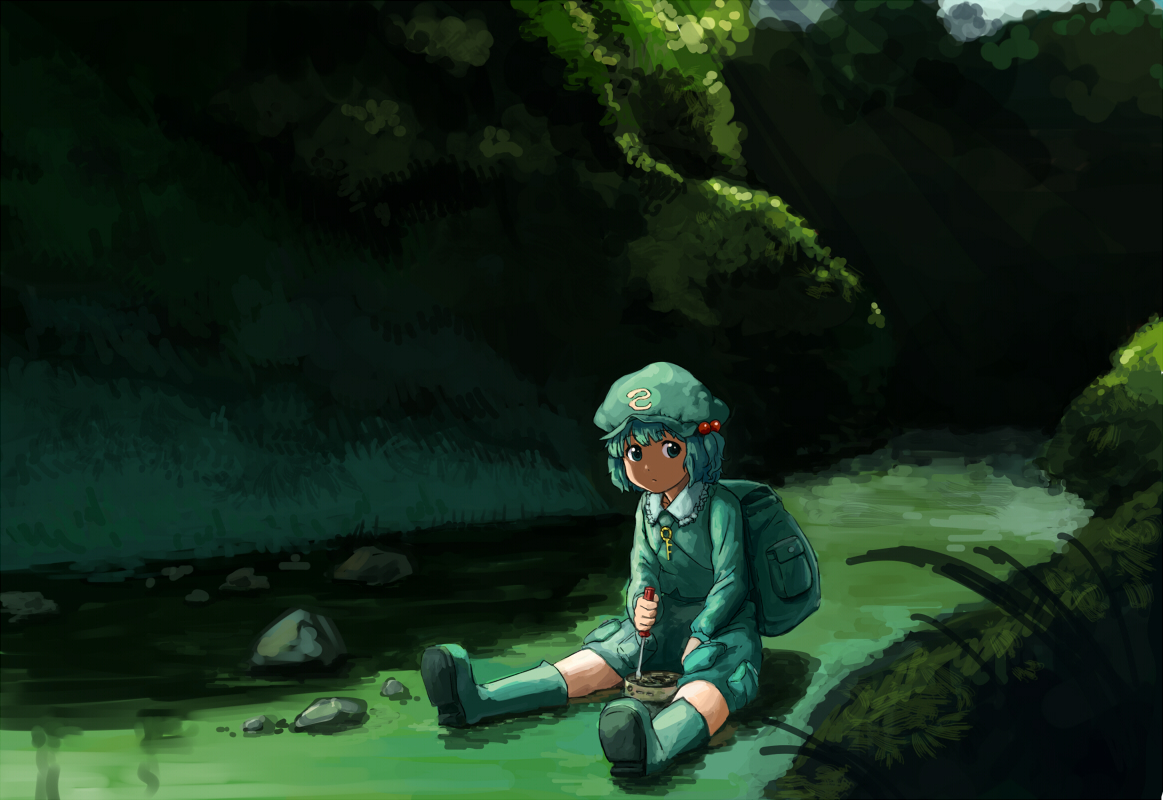 blue_eyes, blue_hair, boots, hat, kawashiro_nitori, shiba_murashouji, short_hair, touhou