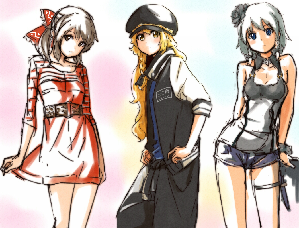 blonde_hair, blue_eyes, bow, braids, brown_eyes, brown_hair, flowers, gray_hair, hakurei_reimu, hat, izayoi_sakuya, kirisame_marisa, shiba_murashouji, shorts, touhou, yellow_eyes