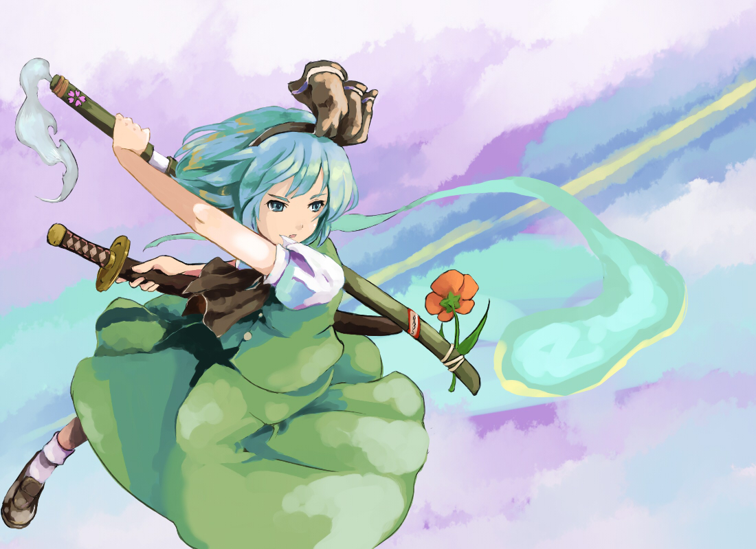 flowers, katana, konpaku_youmu, myon, shiba_murashouji, short_hair, sword, touhou