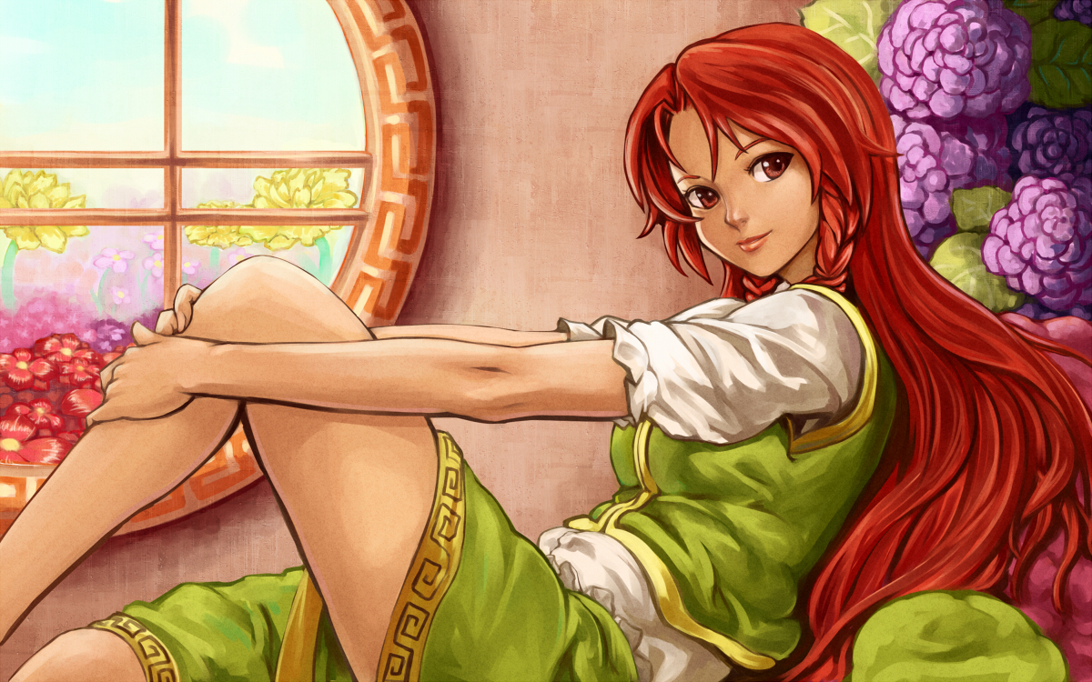 braids, flowers, hong_meiling, red_eyes, red_hair, shiba_murashouji, touhou