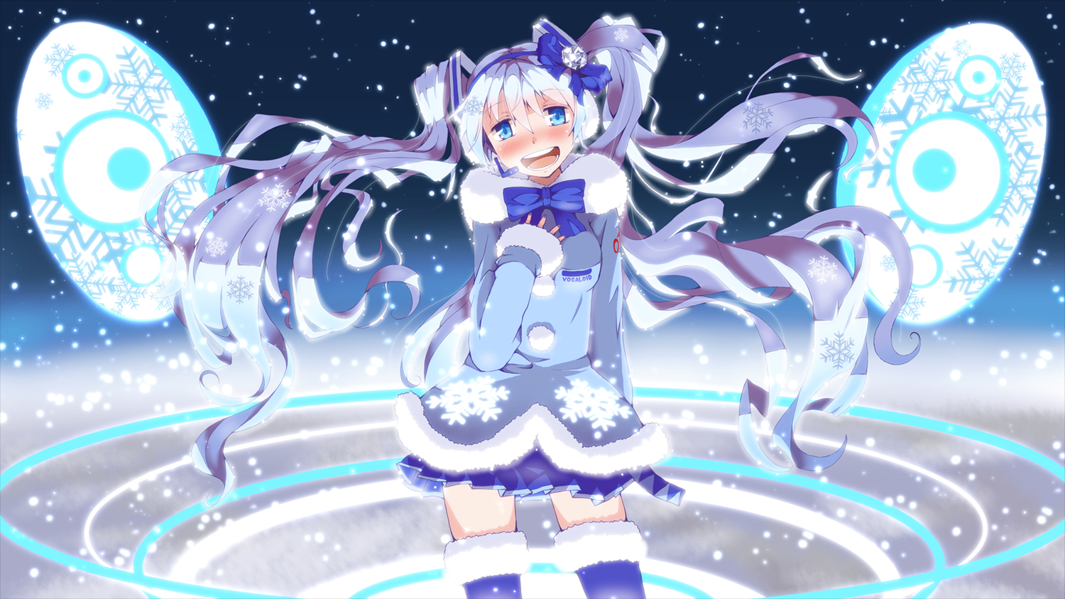 blue_eyes, blue_hair, blush, bow, fubuki, hatsune_miku, long_hair, snow, thighhighs, twintails, vocaloid, yuki_miku