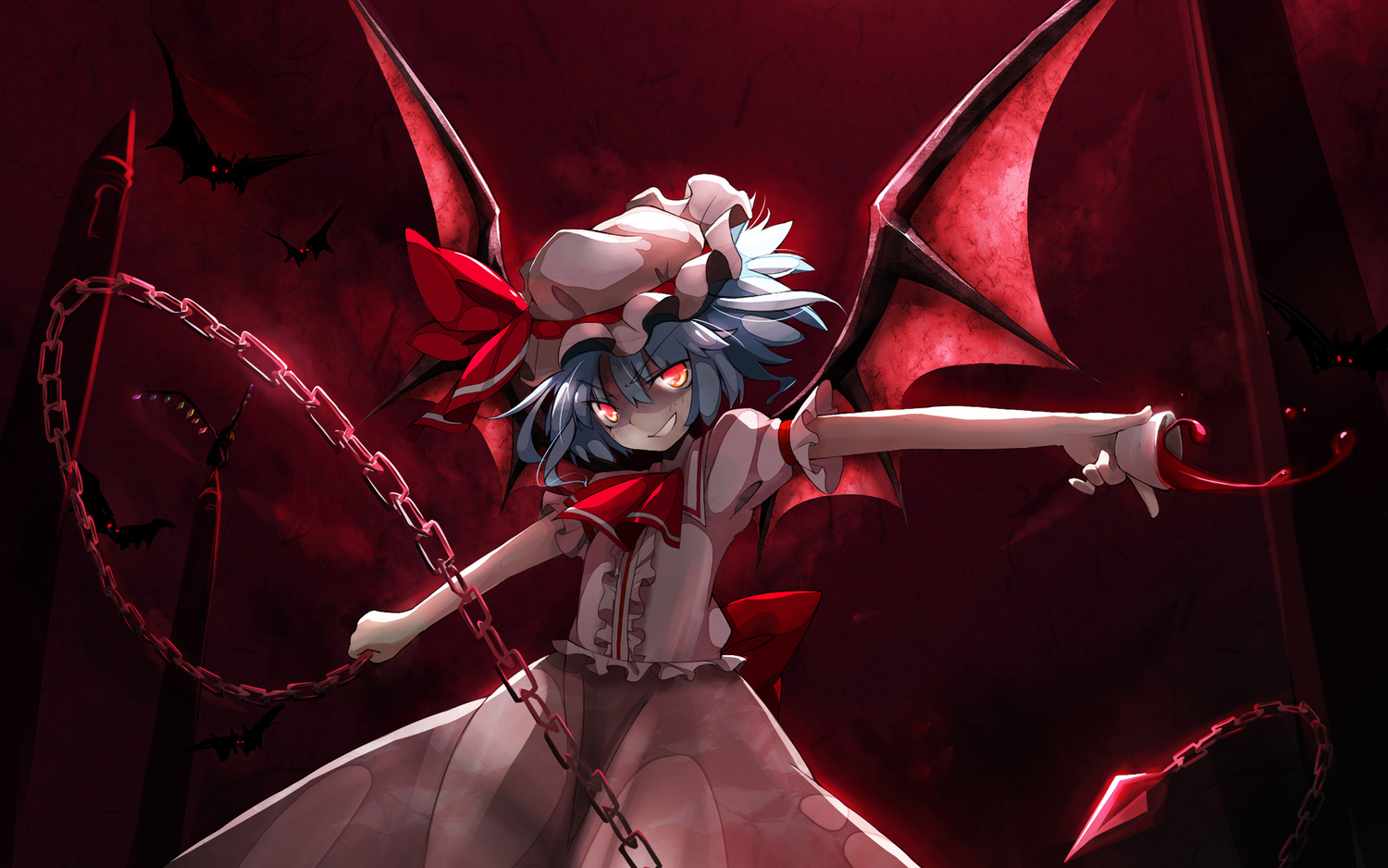 blue_hair, chain, flandre_scarlet, red_eyes, remilia_scarlet, rokusai, touhou, vampire