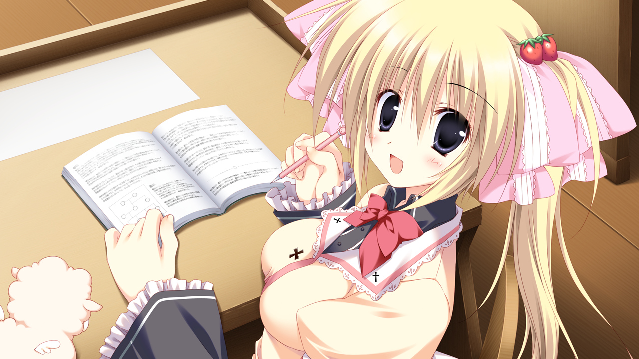 blonde_hair, book, gakuou, game_cg, korie_riko, lohenstein_annemarie, school_uniform