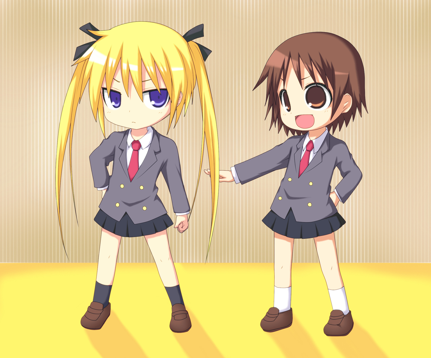 2girls, blonde_hair, blue_eyes, brown_eyes, brown_hair, chibi, kill_me_baby, kneehighs