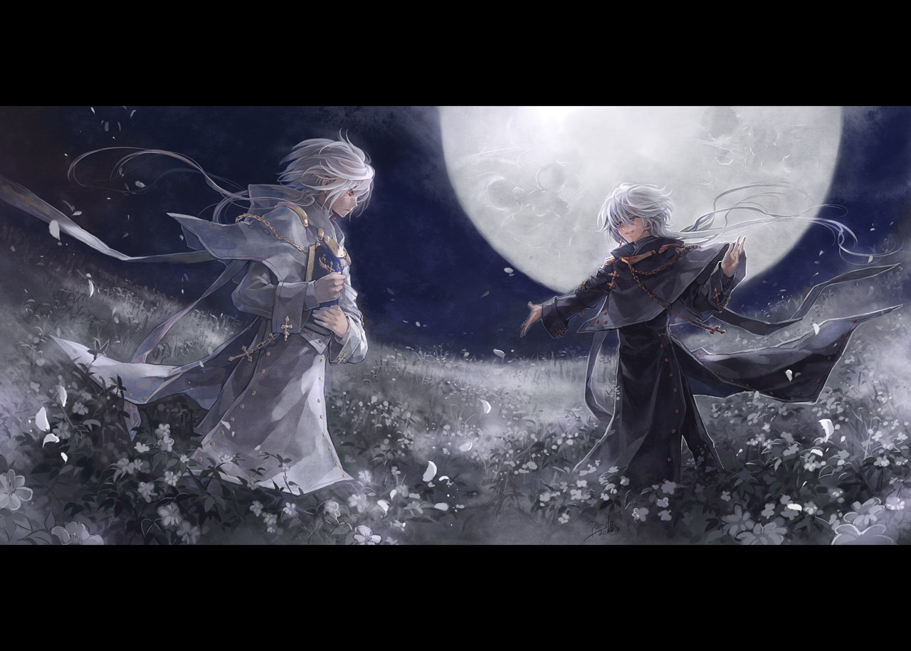 book, flowers, gungun, moon, night, original, petals, white_hair