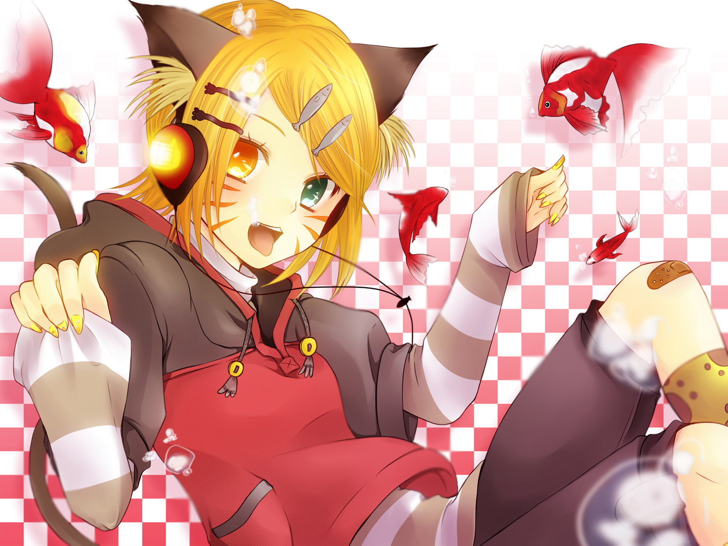 agi_(holic2007), animal, animal_ears, bicolored_eyes, blonde_hair, catgirl, fish, kagamine_rin