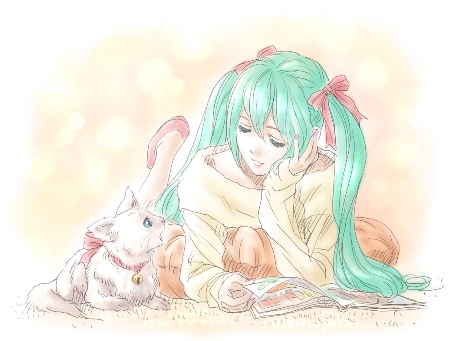 animal, aqua_hair, cat, hata_hata, hatsune_miku, ribbons, twintails, vocaloid