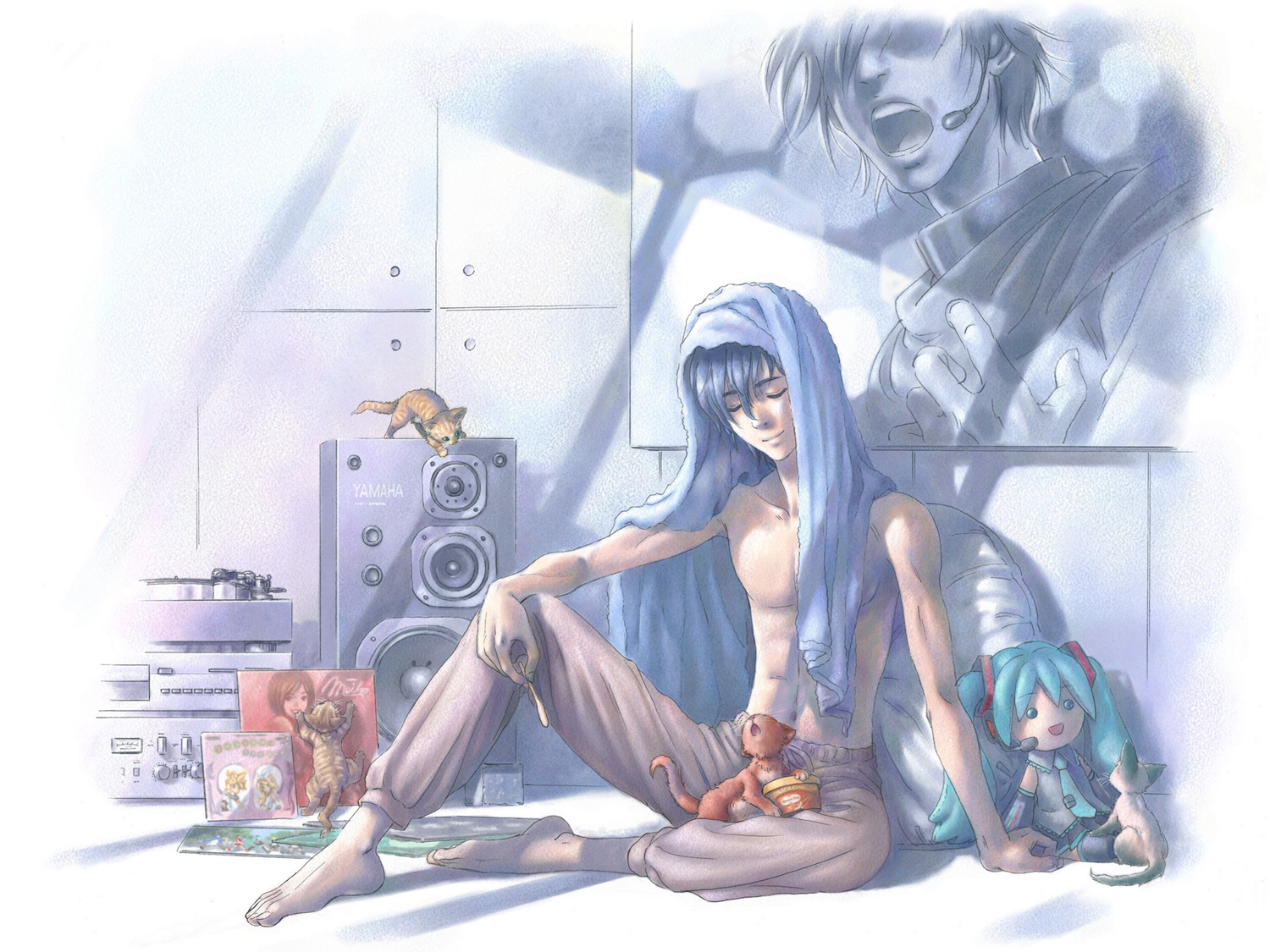 all_male, animal, blue_hair, cat, food, hata_hata, ice_cream, kaito