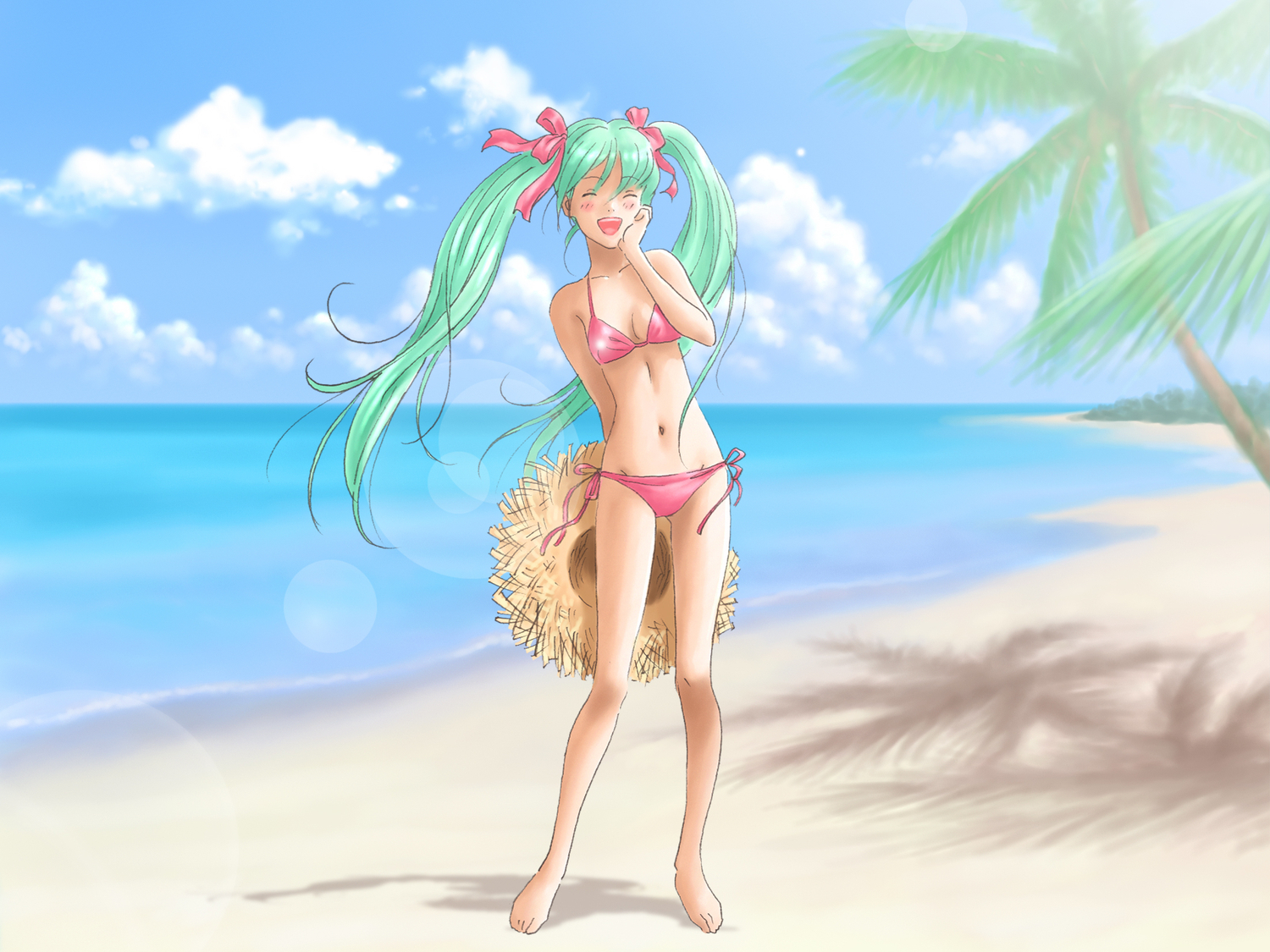 aqua_hair, barefoot, beach, bikini, clouds, hat, hata_hata, hatsune_miku, long_hair, sky, swimsuit, twintails, vocaloid, water