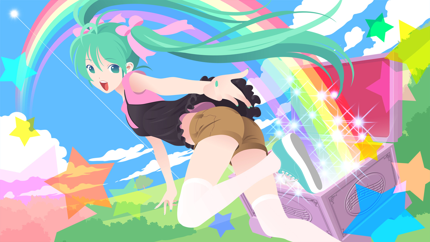 aqua_eyes, aqua_hair, clouds, hata_hata, hatsune_miku, long_hair, rainbow, ribbons