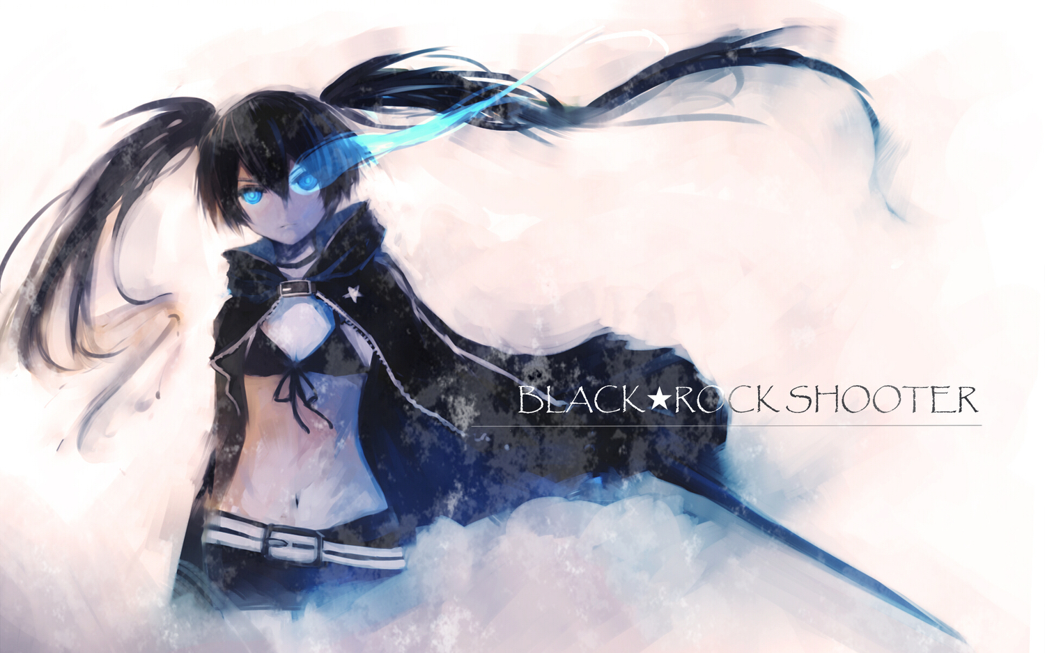 bikini_top, black_hair, black_rock_shooter, blue_eyes, kuroi_mato, long_hair, scar, shorts, sola7764, sword, tagme, twintails, weapon