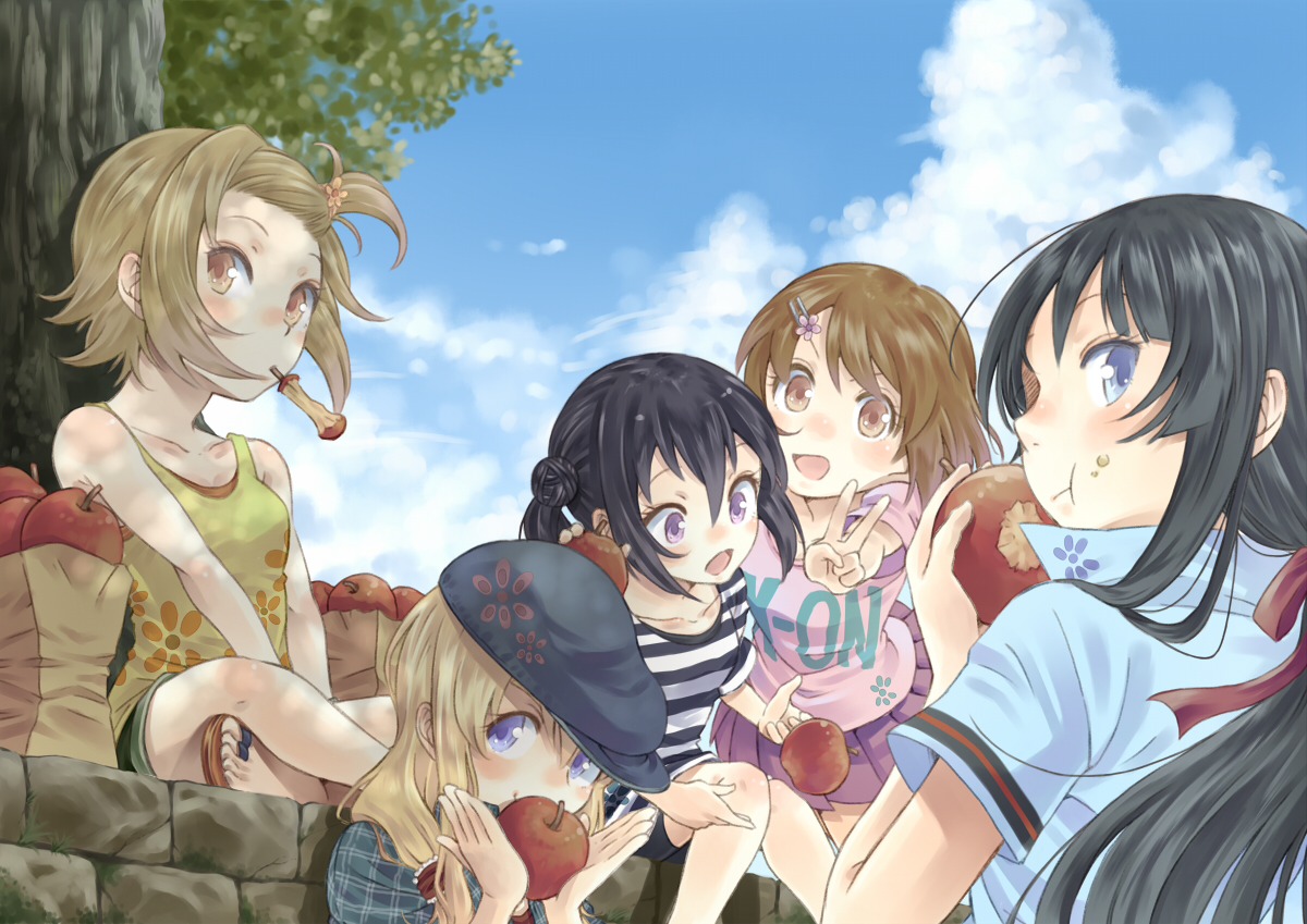 akiyama_mio, apple, food, fruit, group, hat, hirasawa_yui, k-on!, kotobuki_tsumugi, nakano_azusa, sky, tainaka_ritsu, t-okada, tree