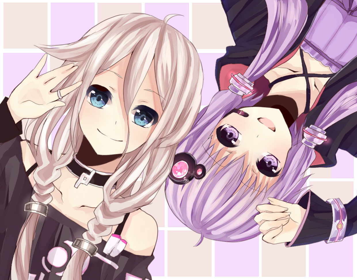2girls, blonde_hair, blue_eyes, braids, choker, close, hood, ia, minaduki0038, purple_eyes, purple_hair, twintails, vocaloid, voiceroid, yuzuki_yukari