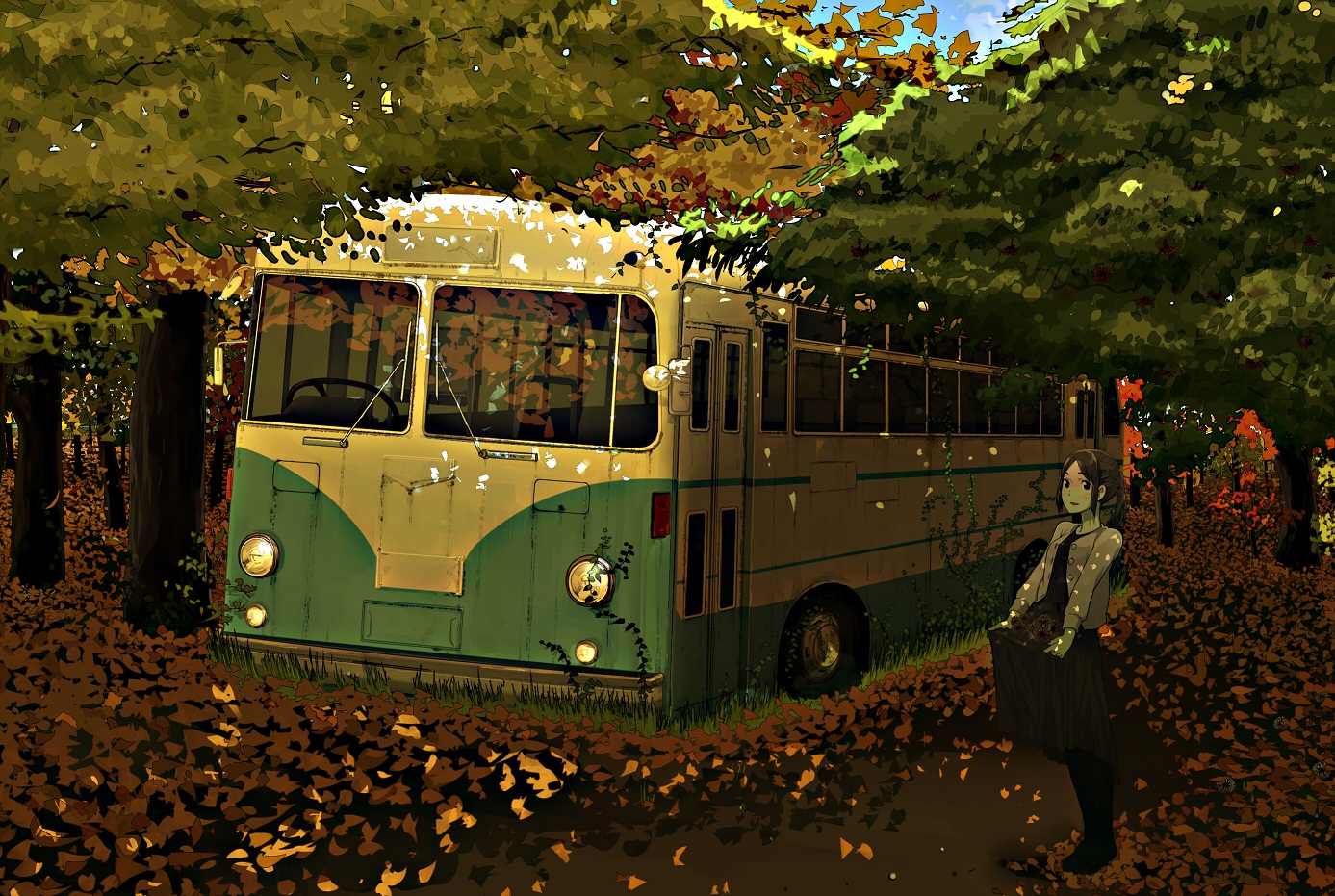 autumn, car, niwakaike, pantyhose, ponytail, skirt, skirt_lift, tree