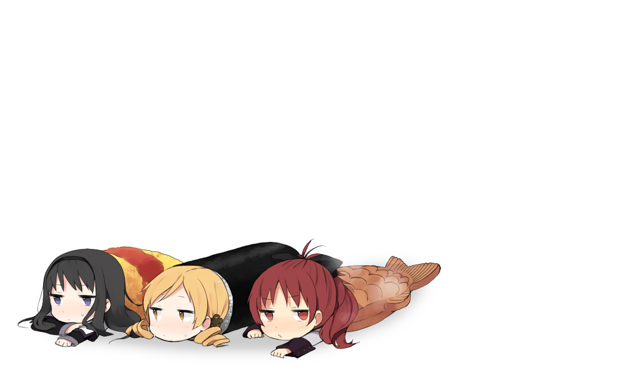 akemi_homura, black_hair, blonde_hair, food, knt31, long_hair, mahou_shoujo_madoka_magica, ponytail, purple_eyes, red_eyes, red_hair, sakura_kyouko, taiyaki, tomoe_mami, white, yellow_eyes